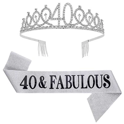 Image of SUSSURRO &quot;40 and Fabulous Sash Rhinestone Tiara Set,40th Birthday Gifts for Women Party Supplies( Silver)