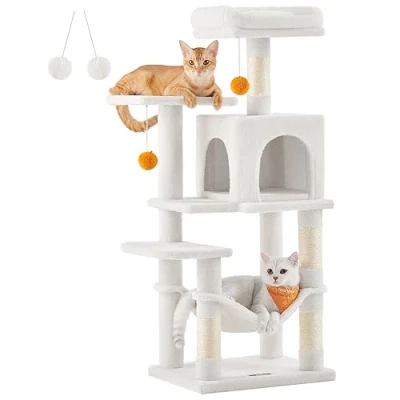 Image of Feandrea Cat Tree, 112 cm Tower for Indoor Cats, Multi Level Plush Condo with 4 Scratching Posts, 2 Perches, Cave, Hammock, Pompoms, Cream White PCT261T01