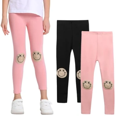 Image of SPFASZEIV Girls Leggings Toddler with Smile Face Pattern Kids Full Length Trousers 2 Pack 5 6 Years (Black+Pink)