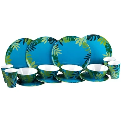 Image of Melamine Reusable Plastic Dinner Set Blue Green Leaf Plate Cup Bowl (16 Piece Set)
