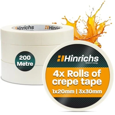 Image of Hinrichs Masking Tape 4x Painting 3 Rolls 50m x 30mm + 1 Roll 20mm Painter&#039;s for and Decorating Work Renovation &amp; Car