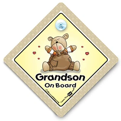 Image of Grandson on Board Car Sign, Brown Bear, baby Bumper Sticker, Grandchild board, Grandchildren Signs