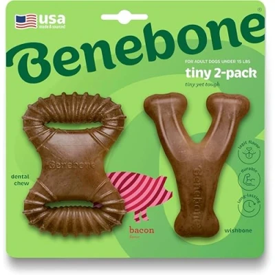 Image of Benebone Tiny 2 Pack Indestructible Dental Chew/Wishbone For Aggressive Chewers, Long Lasting Tough Boredom Breaker Dogs, Real Bacon Flavour, Extra Small Made in the USA.