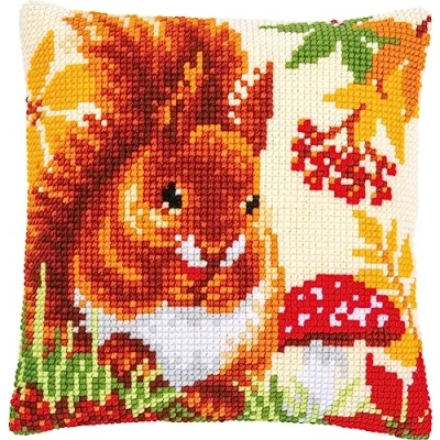 Image of Vervaco Autumn Squirrel Cross Stitch Cushion Kit, Off White, ca. 40 x cm