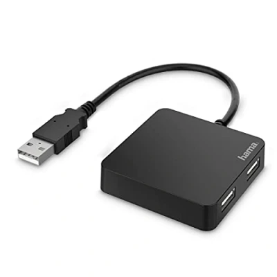 Image of Hama USB 2.0 Hub 4 Way Adapter (Splitter with Ports, External Splitter Power Supply Cable for PC, Notebook, Laptop Windows or Mac OS) Black