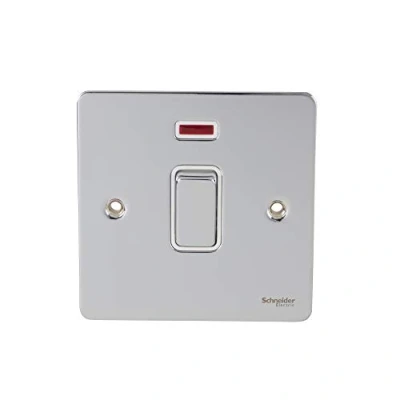 Image of Schneider Electric Ultimate Flat Plate Single Light Switch, with Neon Indicator, Double Pole, 32A, GU4231WPC, Polished Chrome White Insert