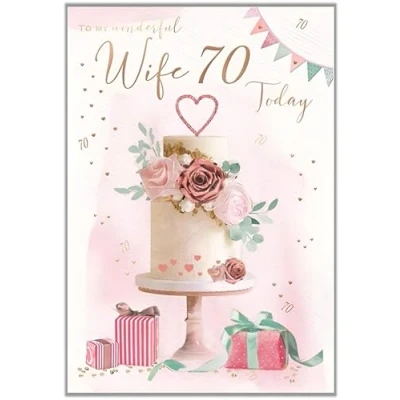 Image of ICG Wife 70th Birthday Card Age 70 Special Finishes Floral Cake and Gifts Illustrated Insert Leaf Made in the UK Eco Friendly
