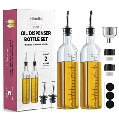 Image of Superior Glass Oil Bottle Drizzler Set Of 2 500ml Olive Dispenser for Kitchen Refill Funnel, Pouring Spouts &amp; Labels Lead Free and Vinegar bottle, BPA Cruet