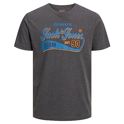 Image of JACK &amp; JONES Men&#039;s Jjelogo Tee SS O Neck 2 Col Aw23 Sn T Shirt, Dark Grey Blend, M