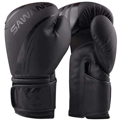 Image of SAWANS® Boxing Gloves Professional MMA Sparring Kickboxing Punch Bag Training Muay Thai Fighting (Matte Black, 16 OZ)