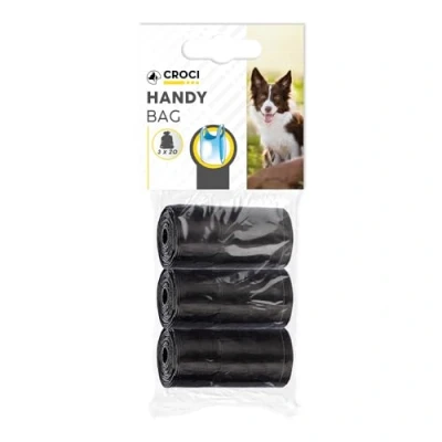 Image of Croci Hygiene bags for dog waste, 3 rolls total 60 bags, with handles, Black