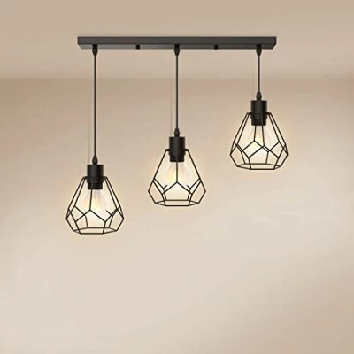 Image of EMKE Industrial Ceiling Light Fixture, Black Hanging Lights Vintage Pendant Lamp E27 Base Modern Island DIY Adjustable Wires for Hallway Living Room and Restaurant, 3