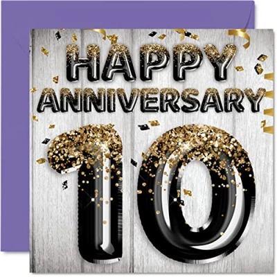 Image of Awesome Tin Anniversary Card for Husband Boyfriend Wife Girlfriend Black Gold Glitter Balloons Happy 10th Cards from Family, 145mm x Greeting Tenth Anniversaries