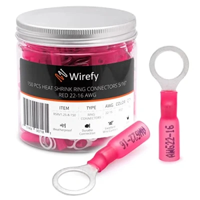 Image of Wirefy Heat Shrink Ring Terminals 5/16&quot; Marine Grade Terminal Connectors Waterproof Eyelet Wire Red 22 16 AWG 150 PCS