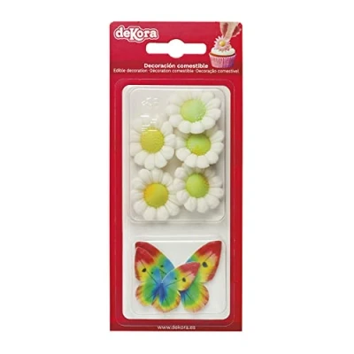 Image of Dekora Box of 5 White Sugar Flowers and 4 Multicoloured Wafer Butterflies Edible Cake Toppers Decoration for Birthday Cakes