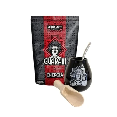 Image of GUARANI Yerba Mate Tea Set Natural Strong ENERGY Drink Complete Begginer&#039;s Kit Booster+GUARANA 500g Ceramic Cup Gourd 300mlStainless Steel Bombilla