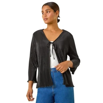 Image of Roman Womens Stretch Tie Detail Plisse Cardigan Black Size 20 UK