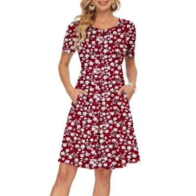 Image of AUSELILY Womens Summer Dress Casual Bodycon Short Sleeve Pleated Loose Swing with Pockets Knee Length Red Flowers L