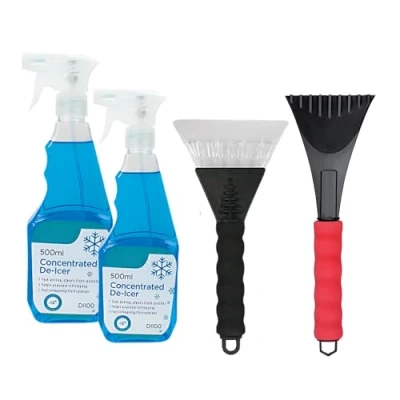 Image of NEXCARZE 1x Soft Grip Car Ice Scraper with Extra Wide Blade, Long Handle &amp; 2x 500ml De Icer Spray for Window Windscreen, Windscreen DeIcer (Assorted Colors)