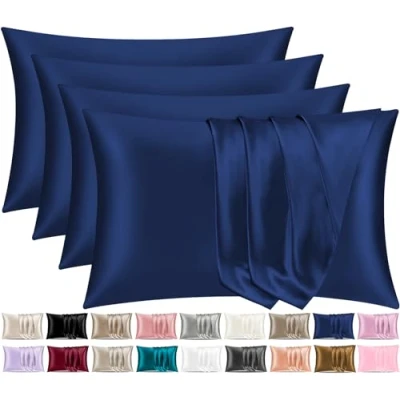 Image of Pamposh Satin Silk Pillowcases For Hair And Skin 4 Pack Standard Size with Envelope Closure (4 Pcs (50 x 75 cm), Navy)