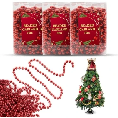 Image of 3x Red Christmas Bead Chain Garland 10M, Luxury Pearl Decoration for Xmas Tree, Mantelpiece, Table Centerpiece, Festive Holiday Decor, Indoor/Outdoor Party Ornament