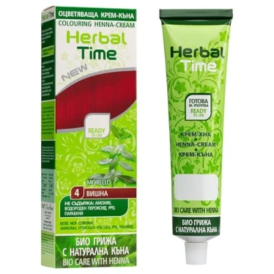 Image of Herbal Time Henna Natural Cream Color Morello Nº 4 Coloring with Nettle Extract Gray Hair Cover Temporary Dye Ammonia Free, Sulfates Parabens Free 75 ml