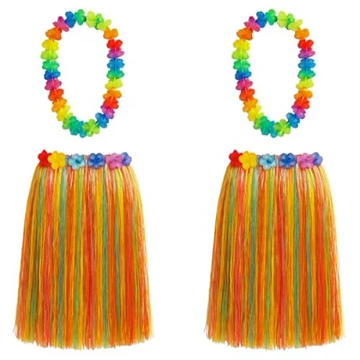 Image of Quickdraw 2 x Lei Hula Grass Skirts With Flower Garland Adults Summer Party Hawaiian Fancy Dress Costume Outfits 60cm