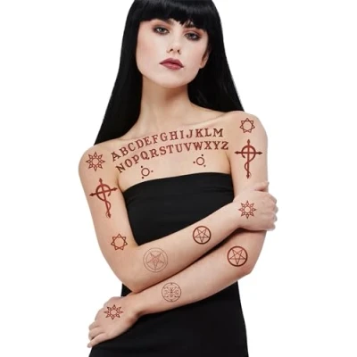 Image of Smiffys Make Up FX, Satanic Tattoo Transfers, Cosmetics and Disguises Fancy Dress, Halloween Dress Accessories &amp; Disguises.