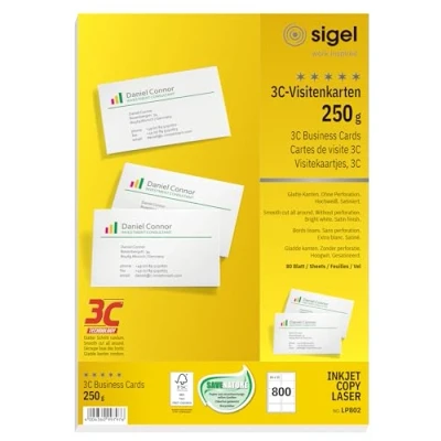 Image of SIGEL LP802, 85x55 mm (A4), Business Cards, 3C, smooth cut all around, 250 gsm, printable, bright White, 800 Piecesequal to80 sheets