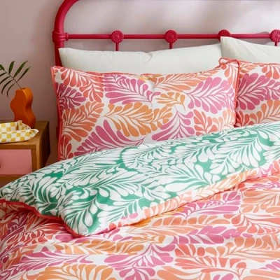 Image of Appletree Pink Tropical Leaf Duvet Cover Single Bedding Size (140 x 200cm) 100% Cotton Reversible 2 Colours 1 Pillowcase Green Jungle Set Palm Leaves in