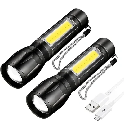Image of Dunamis LED Torch Rechargeable, Super Bright Adjustable Focus Flashlight, 3 Lighting Modes, Long Battery Life, Waterproof Pocket Size Lamp for Emergency, Camping, Hiking, Outdoor (Pack of 2 Torches)