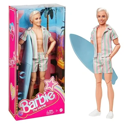 Image of Barbie The Movie Ken Doll Wearing Pastel Pink and Green Striped Beach Matching Set with Surfboard White Sneakers, HPJ97
