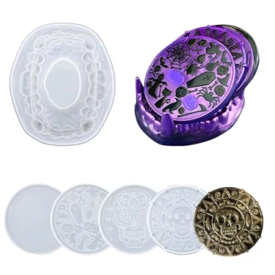 Image of DIYBravo 4PCS Silicone Halloween Resin Coaster Moulds with One Fangs Holder Mould Epoxy Casting Skull DIY for Crafts Handmade Home Decor Holiday Gifts (5PCS)