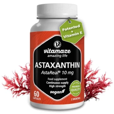 Image of Astaxanthin AstaReal 10mg + Vitamin E Strong Patented Antioxidant of Natural and Organic High Dosage &amp; Vegan Powder from Algae 60 Capsules for 2 Months