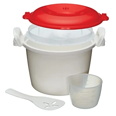 Image of KitchenCraft Rice Cooker Microwave Steamer, BPA Free Plastic, 1.5 Litre, White / Red