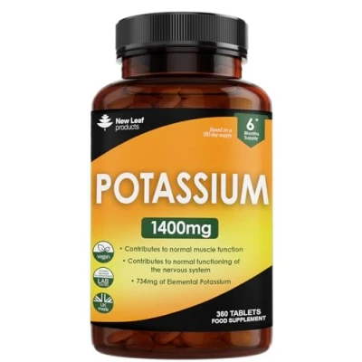 Image of Potassium Supplements High Strength 360 Vegan Tablets Mineral Electrolytes Supplement Contributes to Normal Muscle Function, Nervous System Gluten Free, Non GMO, Made in UK by New Leaf