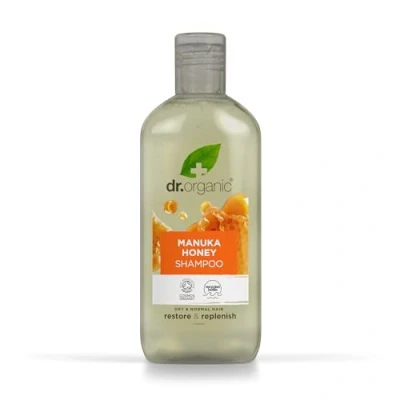 Image of Dr Organic Manuka Honey Shampoo, Restoring, Dry Hair, Natural, Vegetarian, Cruelty Free, Paraben &amp; SLS Recyclable Recycled Ocean Bound Plastic, Certified Organic, 265ml, Packaging may vary