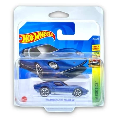 Image of Hot Wheels &#039;71 Lamborghini Miura SV (Blue) 5/10 HW Exotics 2022 202/250 (Short Card) COMES IN A KLAS CAR KEEPER PROTECTIVE COLLECTORS CASE HCX02