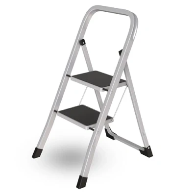 Image of 2 Step Ladder Portable Folding Ladders Lightweight Sturdy Steel Anti Slip Feet Non Safety Treads Easy to Store Stool DIY Gardening Kitchen Garage Grey