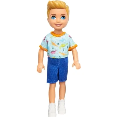 Image of Barbie Chelsea Doll, Small Boy Doll Wearing Removable One Piece with Dinosaur Print &amp; White Shoes, Blond Hair Blue Eyes