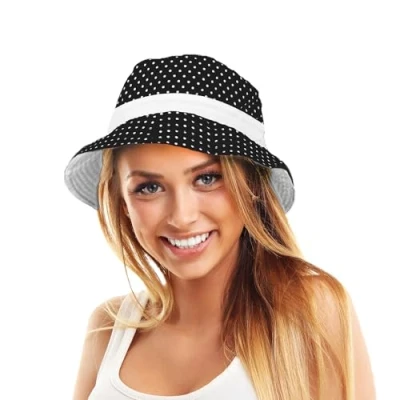 Image of TOSKATOK® UPF 50+ Ladies Womens Reversible Cotton Polka Dot Bush Bucket Sun Hat Black