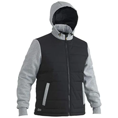 Image of Bisley Workwear UKBJ6944_BBLK Flex &amp; Move Jacket Hooded Puffer Fleece Contrast Long Sleeve Black, S