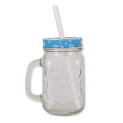 Image of FabFinds Mason Jars with Lids and Straws Christmas Character Handles (Blue Snowman)