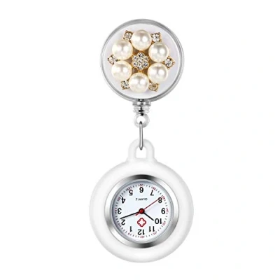 Image of Avaner Retractable Nurse Watches Clip on Hanging Fob Cute Flower Pattern Lapel for Nurses Doctors with Silicone Cover