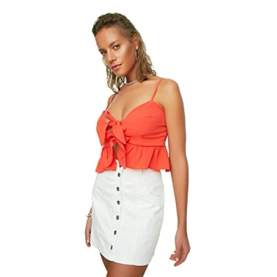 Image of Trendyol Women&#039;s Orange Binding Frilly Blouse, red, 14