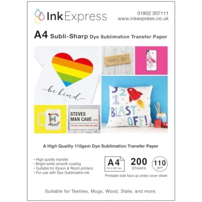 Image of Ink Express Subli Sharp 110gsm Dye Sublimation Transfer Paper Compatible with EPSON, SAWGRASS, RICOH, Brother Printers (200 Sheets)