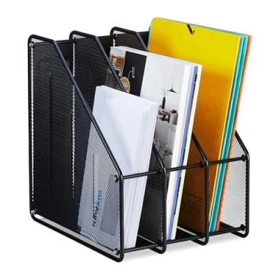 Image of Relaxdays Magazine File, A4, 3 Compartments, Mesh Design, 31.5 x 24 29 cm, Office Tidy, Document Holder, Metal, Black, Steel