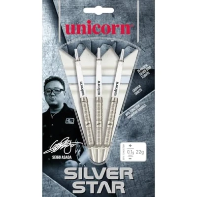 Image of Unicorn Steel Tip Darts Set Seigo &#039;The Ninja&#039; Asada Silver Star 80% Natural Tungsten Barrels 22 g