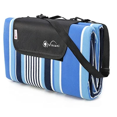 Image of Vinsani 220 x 200cm Folding Picnic Blanket Waterproof &amp; Sandproof Backing Ideal for Camping Outdoor Blue Stripe Rug Mat with Carry Handle