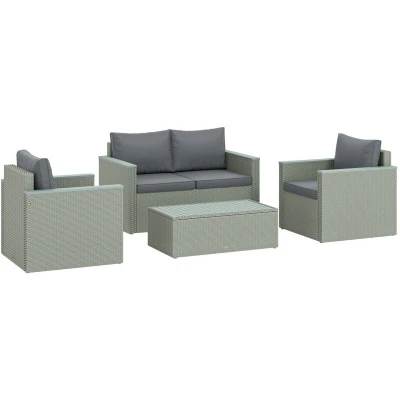 Image of Outsunny 4 Piece Rattan Garden Furniture Set, Seater Wicker Outdoor Sofa Set with 2 Armchairs, Loveseat, Acacia Wood Top Coffee Table, Cushions, Patio Conservatory for Balcony, Light Grey
